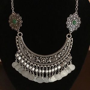 Unique German Silver ETHNIC Vintage Ottoman Necklace with green stone.